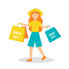 Girl shopping. Happy girl with shopping goes home from the store.Flat illustration in flat style.