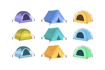 Colorful tents semi flat vector illustration set. Summer recreation, rest after hiking. Campsite canopy for tourist. Campsite shelter 2D cartoon objects for commercial use collection