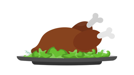 Roasted turkey on a dish with a leaf of salad. Fried chicken. Good for Thanksgiving theme design. Isolated. Vector.