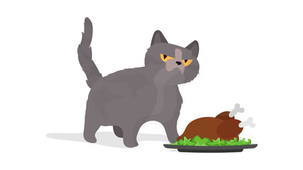 Funny cat is holding a roast turkey. A cat with a funny look holds a fried chicken. Good for stickers, cards and t-shirts. Isolated. Vector.