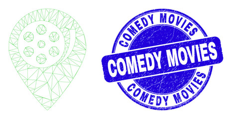 Obraz premium Web mesh movie map marker icon and Comedy Movies stamp. Blue vector round scratched stamp with Comedy Movies message. Abstract frame mesh polygonal model created from movie map marker icon.
