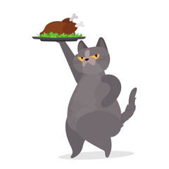 Funny cat is holding a roast turkey. A cat with a funny look holds a fried chicken. Good for stickers, cards and t-shirts. Isolated. Vector.