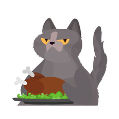 Funny cat is holding a roast turkey. A cat with a funny look holds a fried chicken. Good for stickers, cards and t-shirts. Isolated. Vector.