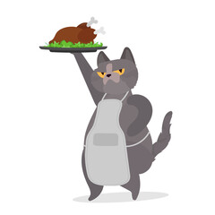 Funny cat is holding a roast turkey. A cat with a funny look holds a fried chicken. Good for stickers, cards and t-shirts. Isolated. Vector.