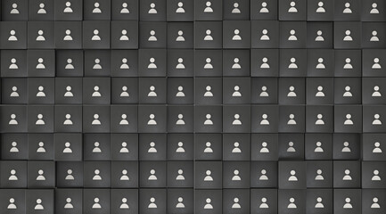 3d digital render with multiple white profile user human icon set with black boxes, in top view. Staff team concept.