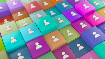3d digital render with multiple white profile user human icon set with colored boxes, with angled camera. Staff team concept. 
