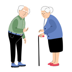 An elderly senior man and woman isolated on white background. Full length portraits. Grandpa and  grandma a with a walking cane. Vector illustration of an old people characters. Nice couple.