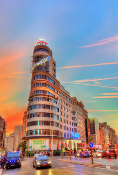 Carrion building on Gran Via street in Madrid, Spain