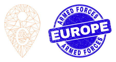 Web mesh euro map marker pictogram and Armed Forces Europe watermark. Blue vector round scratched watermark with Armed Forces Europe caption.