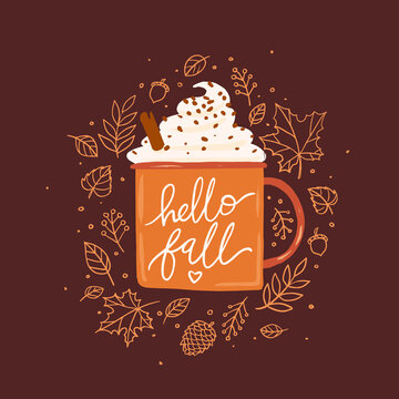 Hello September isolated vector autumn illustration, dark background, orange coffee cup with whipped cream, cinnamon stick, leaf wreath for poster, print, menu design, greeting card.