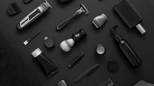 Men beauty and health concept. Various shaving and bauty care accessories placed on black background