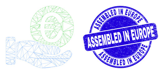 Web mesh euro coin donation hand pictogram and Assembled in Europe seal stamp. Blue vector round textured seal with Assembled in Europe caption.
