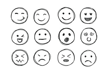 Hand drawn emojis faces. Doddle emoticons sketch, thin line icons of happy sad face, vector illustration - obrazy, fototapety, plakaty