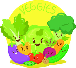 Group of cute, fresh and healthy veggies illustration