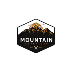 Mountain, outdoor, adventure retro badge logo with the sun