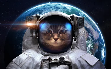 Tuinposter Cat astronaut and Earth © Vadimsadovski