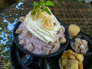 Taro Bingsu served with colorful toppings