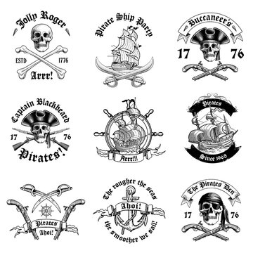 Monochrome pictures of pirate labels. Illustration of military ships, skull and guns. Skull and pirate ship emblem with weapon vector