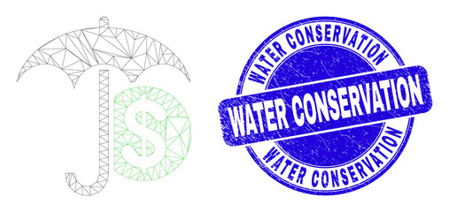 Web mesh financial umbrella pictogram and Water Conservation stamp. Blue vector rounded grunge stamp with Water Conservation caption.