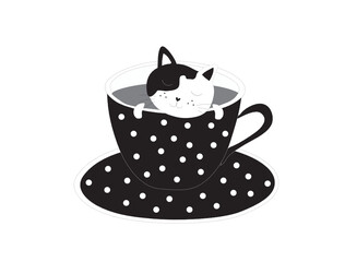 Coffee break cute cat in coffee cup vector-illustration. Coffee and drink concept background