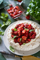 Pavlova with brined strawberries