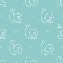 Doodle seamless pattern with snail. Hand drawn white snail on a turquoise background. Vector illustration. 