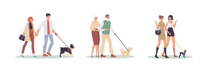 Happy people character walking dog outdoor set. Young casual wife husband, senior mature man woman couple, fashion girl best friends on walk hold pet on leash. Domestic animal friendship