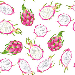 Hand drawn watercolor marker illustrations of dragon fruits pitaya seamless pattern