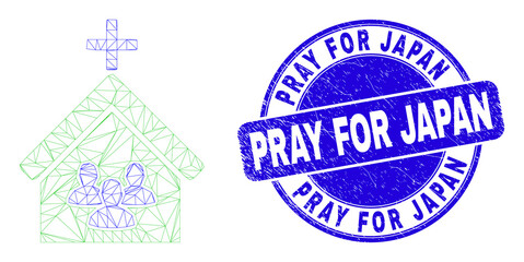 Web carcass church people icon and Pray for Japan seal. Blue vector round textured seal with Pray for Japan text. Abstract frame mesh polygonal model created from church people icon.