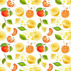  Lemon orange mandarin tangerine with leaves hand drawn watercolor seamless pattern