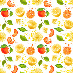  Lemon orange mandarin tangerine with leaves hand drawn watercolor seamless pattern