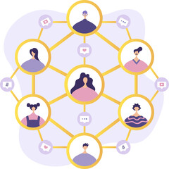 Social network. Social network concept. Tiny people communicate by exchanging data, photos, videos, links, posts on social networks. Vector flat illustration in modern style.