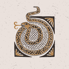 Illustration with a stylized snake in the technique of linocut. Can be used as a stamp on clothing, postage stamp, postcard