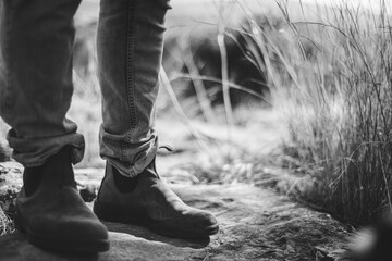 walking in the woods, black and white photography, men's shoes 