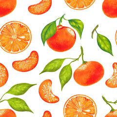 Watercolor illustration of colorful mandarin, tangerine, orange seamless pattern. Hand drawn. 