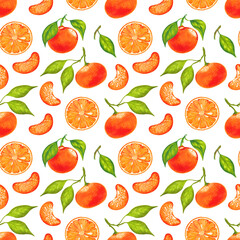 Watercolor illustration of colorful mandarin, tangerine, orange seamless pattern. Hand drawn. 
