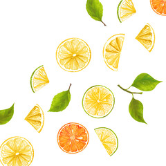 Lemon orange mandarin tangerine with leaves hand drawn watercolor pattern. Colorful background