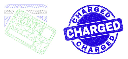 Web carcass bank cards pictogram and Charged stamp. Blue vector round distress seal stamp with Charged message. Abstract carcass mesh polygonal model created from bank cards icon.