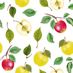 Watercolor botanical illustration of red and yellow realistic apple with leaves seamless pattern