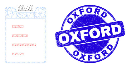 Obraz premium Web carcass text pad icon and Oxford watermark. Blue vector rounded textured watermark with Oxford title. Abstract carcass mesh polygonal model created from text pad pictogram.