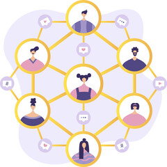 Social network. Social network concept. Tiny people communicate by exchanging data, photos, videos, links, posts on social networks. Vector flat illustration in modern style.