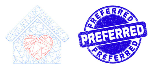 Web carcass love house pictogram and Preferred seal stamp. Blue vector rounded distress seal stamp with Preferred caption. Abstract frame mesh polygonal model created from love house pictogram.