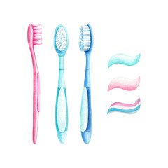 Watercolor toothbrushes on white background isolated. Nice dentifrices for your dental design. Hand drawn pink, blue, 
turquoise toothbrushes and tooth paste.