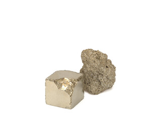 Natural Pyrite and partially treated pyrite on white background. Close-up