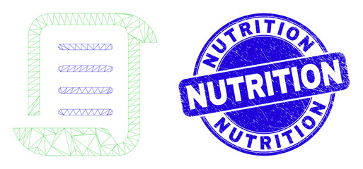 Web mesh scroll list pictogram and Nutrition stamp. Blue vector rounded textured seal stamp with Nutrition phrase. Abstract carcass mesh polygonal model created from scroll list pictogram.