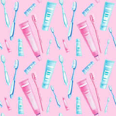Seamless hand drawn watercolor pattern with dentifrices on pink background. Toothbrushes and toothpaste tubes on pink background. Nice textute for your dental care design. 