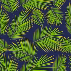 Seamless pattern with palm branch on blue dark background. Hawaiian shirt with palm leaf pattern. Vector