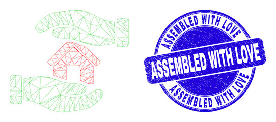 Obraz premium Web mesh hands care home icon and Assembled with Love seal stamp. Blue vector rounded textured seal stamp with Assembled with Love title.