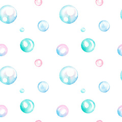 Watercolor hand drawn seamless pattern with bubbles on white background. Cute pink, blue, green bubbles isolated. Nice, delicate pattern for your design.