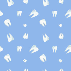 Watercolor seamless pattern with white falling teeth on blue background. Dental topic.